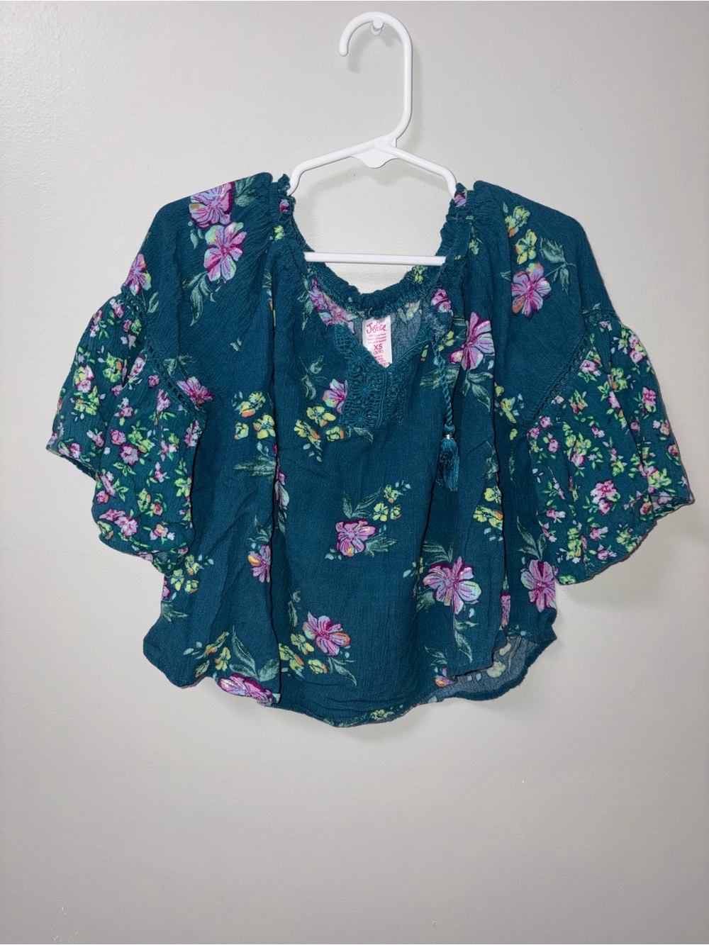 Justice Teal Purple Floral Flowy Tasseled Peasant Top 100% Viscose Girls XS 5/6